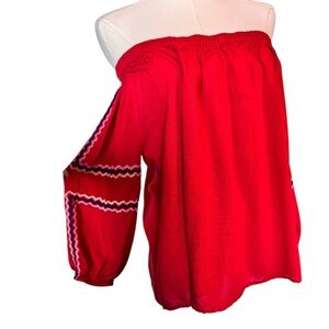 KAS New York Red Boho Off-Shoulder Red Top Size Small